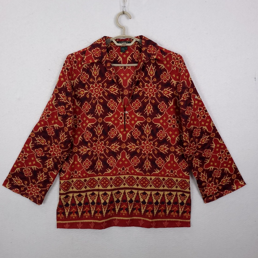 Lauren Ralph Lauren Top Tunic Large Red Ikat Geometric Cotton Boho Roll Sleeve